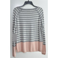 Ladies Round Neck Striped Pullover Knit Sweater